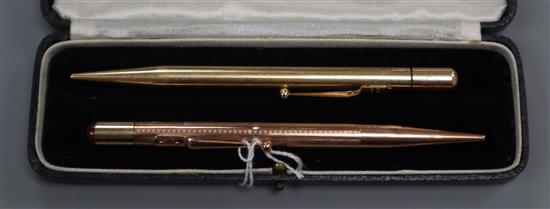 A Mabie Todd & Co. Fyne Point 9ct rose gold propelling pencil and a similar gold-plated pencil.